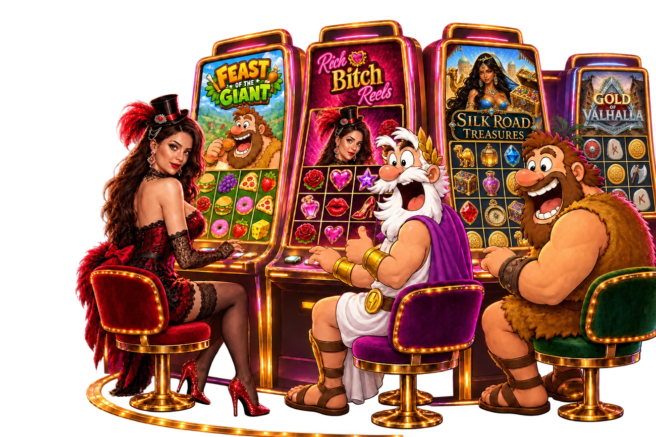Pigoo characters playing each other’s games: the Rich Bitch Reels heroine plays Feast of the Giant, Zeus plays Rich Bitch Reels, and the giant plays Silk Road Treasures, with Gold of Valhalla on the far-right cabinet